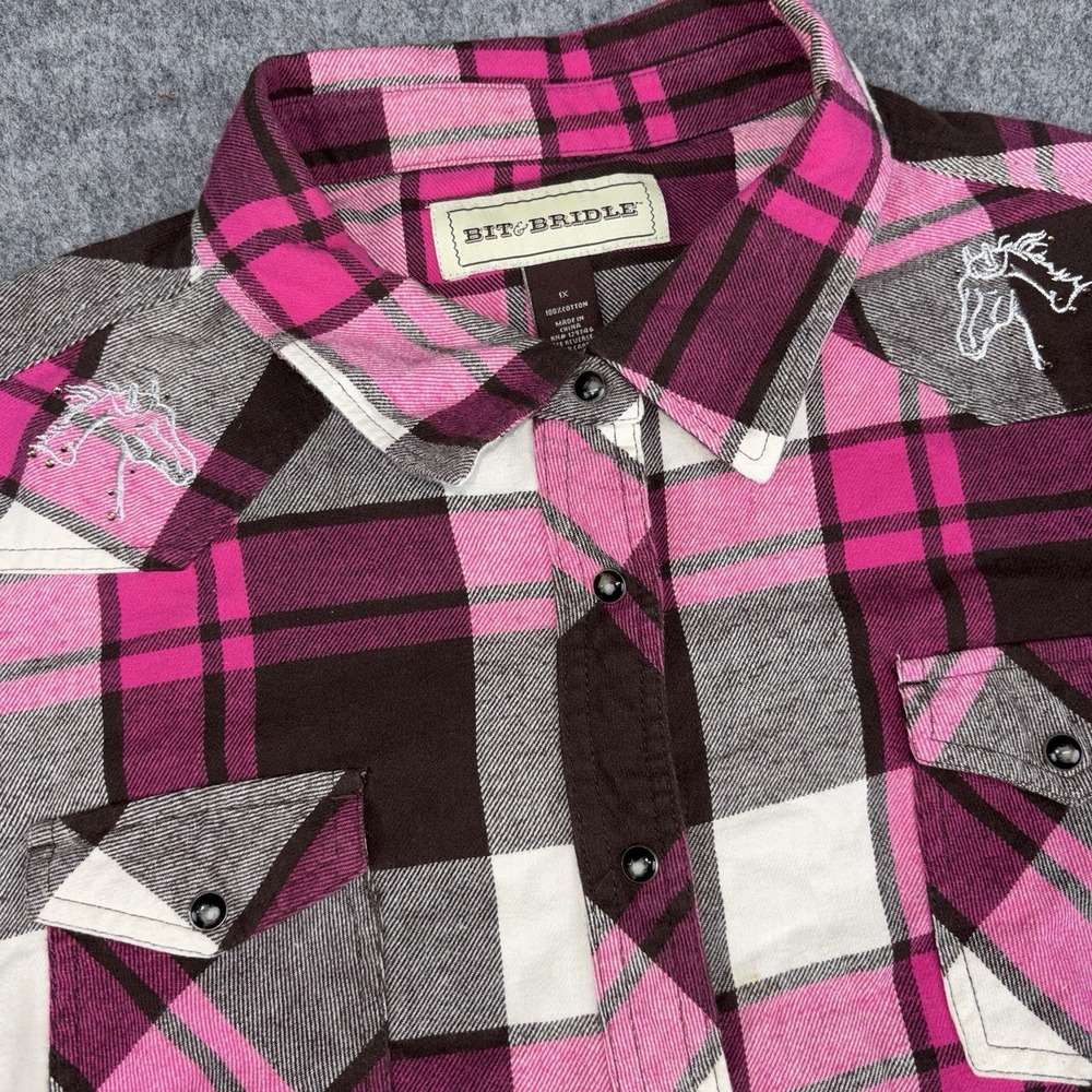 Bit & Bridle Flannel Shirt Womens 1X Pink Plaid Pearl Snap Western Horse Logos